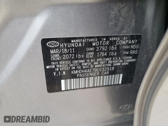 2011 Hyundai Elantra GLS с VIN KMHDH4AE7BU132918, выставлен на аукционе Copart как лот 54551565 с пробегом 164 322 миль миль и Списание • Salvage title. История ставок и продаж доступна на DreamBid. Изображение 12.