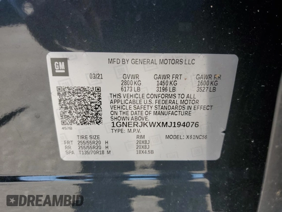 2021 Chevrolet Traverse RS with VIN 1GNERJKWXMJ194076, listed as a Copart auction lot 57808675 with 128,561 mi miles and Salvage title. Bid and sale history available at DreamBid. Image 13.