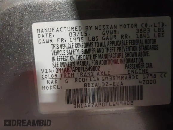 2015 Nissan Sentra SR with VIN 3N1AB7AP0FL649802, listed as a IAAI auction lot 41718792 with 111,297 mi miles and . Bid and sale history available at DreamBid. Image 9.