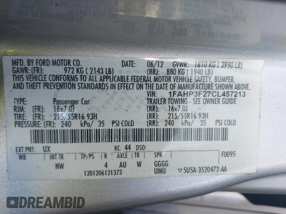 2012 Ford Focus SE with VIN 1FAHP3F27CL457213, listed as a IAAI auction lot 41303904 with 215,044 mi miles and . Bid and sale history available at DreamBid. Image 9.