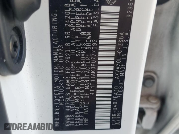 2023 Toyota Camry SE with VIN 4T1T11AK3PU777092, listed as a Copart auction lot 52180785 with 46,836 mi miles and Salvage Title. Bid and sale history available at DreamBid. Image 12.