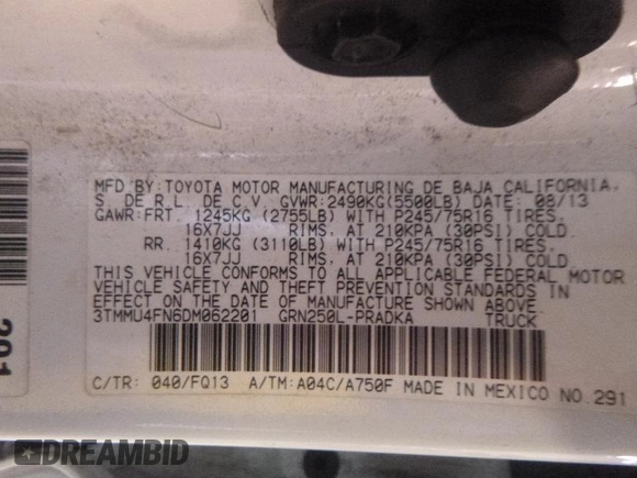 2013 Toyota Tacoma with VIN 3TMMU4FN6DM062201, listed as a IAAI auction lot 42906789 with 266,431 mi miles and . Bid and sale history available at DreamBid. Image 13.