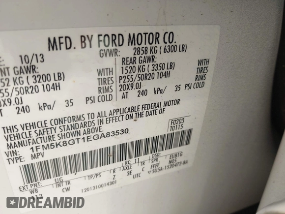 2014 Ford Explorer Sport with VIN 1FM5K8GT1EGA83530, listed as a IAAI auction lot 42454598 with 158,260 mi miles and . Bid and sale history available at DreamBid. Image 9.