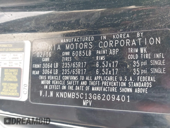 2016 Kia Sedona LX with VIN KNDMB5C13G6209401, listed as a IAAI auction lot 42091953 with 171,068 mi miles. Bid and sale history available at carsss.com. Image 9.