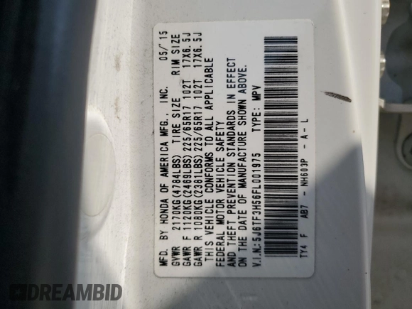 2015 Honda Crosstour EX-L with VIN 5J6TF3H56FL001975, listed as a Copart auction lot 66046164 with 144,092 mi miles and Salvage Title. Bid and sale history available at carsss.com. Image 14.