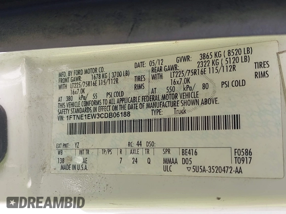 2012 Ford Econoline Cargo Commercial with VIN 1FTNE1EW3CDB06188, listed as a IAAI auction lot 40328803 with 138,502 mi miles and . Bid and sale history available at DreamBid. Image 9.