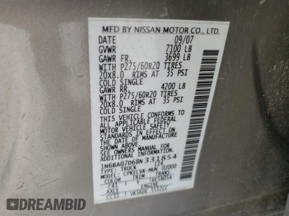 2008 Nissan Titan SE with VIN 1N6BA07D68N331854, listed as a Copart auction lot 81683984 with Not Provided miles and Clean Title. Bid and sale history available at carsss.com. Image 12.