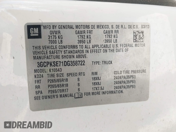 2013 Chevrolet Silverado 1500 LT with VIN 3GCPKSE71DG358722, listed as a IAAI auction lot 42128592 with 206,779 mi miles and . Bid and sale history available at DreamBid. Image 9.
