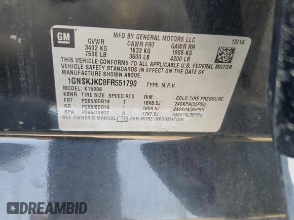 2015 Chevrolet Suburban LT with VIN 1GNSKJKC8FR551790, listed as a Copart auction lot 64694485 with 187,367 mi miles and Clean title. Bid and sale history available at DreamBid. Image 13.