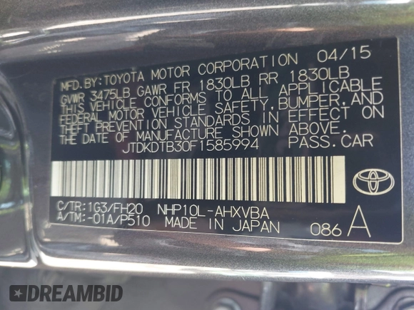 2015 Toyota Prius One with VIN JTDKDTB30F1585994, listed as a IAAI auction lot 41866915 with 99,771 mi miles and . Bid and sale history available at carsss.com. Image 9.
