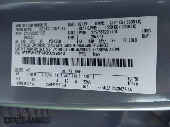 2019 Ford F-150 XL with VIN 1FTEW1EP6KKC99243, listed as a IAAI auction lot 42057955 with 99,666 mi miles. Bid and sale history available at carsss.com. Image 9.