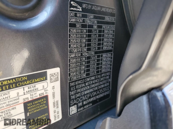 2019 Jaguar F-Pace S with VIN SADCM2FV9KA353502, listed as a Copart auction lot 46871175 with 89,000 mi miles and Salvage Title. Bid and sale history available at DreamBid. Image 14.