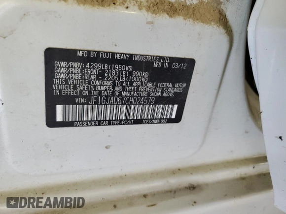 2012 Subaru Impreza Premium z VIN JF1GJAD67CH024579, wystawiony jako Copart lot #58822175 z przebiegiem 230 834 mil mil oraz Szkoda całkowita • Salvage title. Historia ofert i sprzedaży dostępna na DreamBid. Obrazek 12.