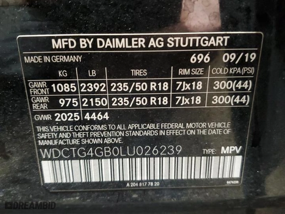 2020 Mercedes-Benz GLA with VIN WDCTG4GB0LU026239, listed as a Copart auction lot 46605005 with 56,049 mi miles and Salvage Title. Bid and sale history available at carsss.com. Image 13.