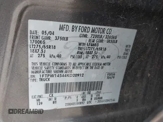2004 Ford F-150 XLT с VIN 1FTPW14544KD20912, выставлен на аукционе IAAI как лот 42372790 с пробегом 262 258 миль миль и . История ставок и продаж доступна на DreamBid. Изображение 9.