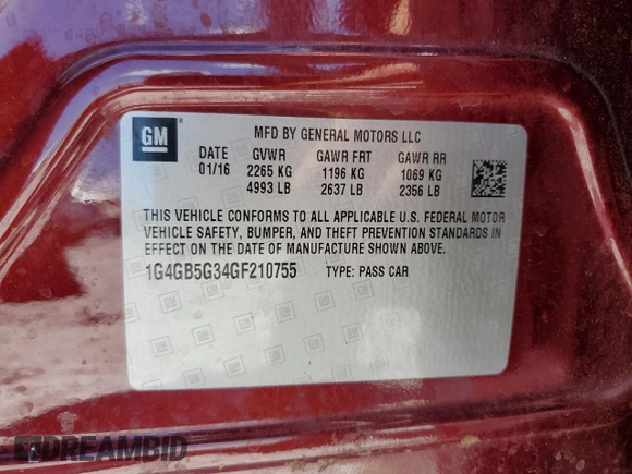 2016 Buick LaCrosse Leather with VIN 1G4GB5G34GF210755, listed as a Copart auction lot 60276364 with 0 mi miles and Salvage Title. Bid and sale history available at carsss.com. Image 12.