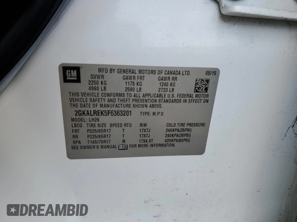 2015 GMC Terrain SLE with VIN 2GKALREK5F6363201, listed as a Copart auction lot 51258015 with 121,019 mi miles and Clean Title. Bid and sale history available at DreamBid. Image 13.