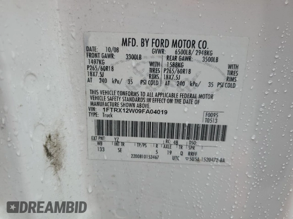 2009 Ford F-150 STX with VIN 1FTRX12W09FA04019, listed as a Copart auction lot 58752715 with 222,820 mi miles and Clean title. Bid and sale history available at DreamBid. Image 12.
