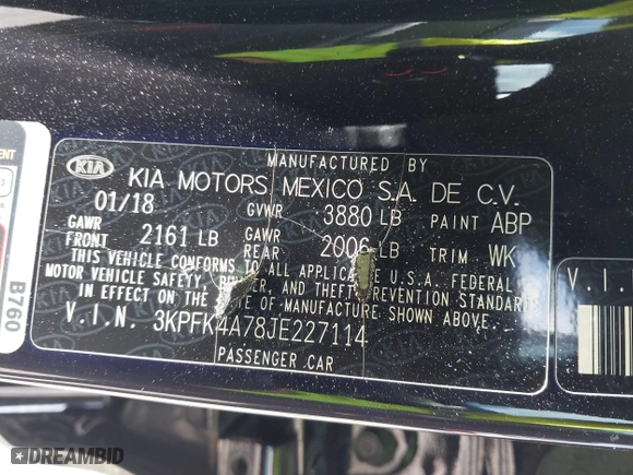 2018 Kia Forte LX with VIN 3KPFK4A78JE227114, listed as a IAAI auction lot 41977992 with 63,327 mi miles. Bid and sale history available at carsss.com. Image 9.