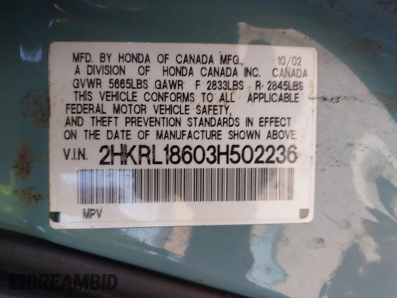 2003 Honda Odyssey EX with VIN 2HKRL18603H502236, listed as a IAAI auction lot 41929501 with 287,538 mi miles and . Bid and sale history available at DreamBid. Image 9.