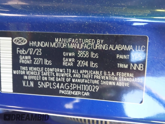 2023 Hyundai Elantra SEL with VIN 5NPLS4AG3PH110029, listed as a IAAI auction lot 41720508 with 17,735 mi miles and . Bid and sale history available at DreamBid. Image 9.