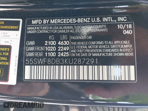 2019 Mercedes-Benz C 300 with VIN 55SWF8DB3KU287291, listed as a IAAI auction lot 42754245 with 59,329 mi miles and . Bid and sale history available at DreamBid. Image 9.