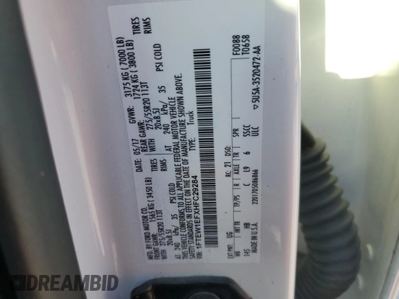 2017 Ford F-150 XL with VIN 1FTEW1EFXHFC29284, listed as a Copart auction lot 46331125 with 153,768 mi miles and Salvage Title. Bid and sale history available at carsss.com. Image 12.