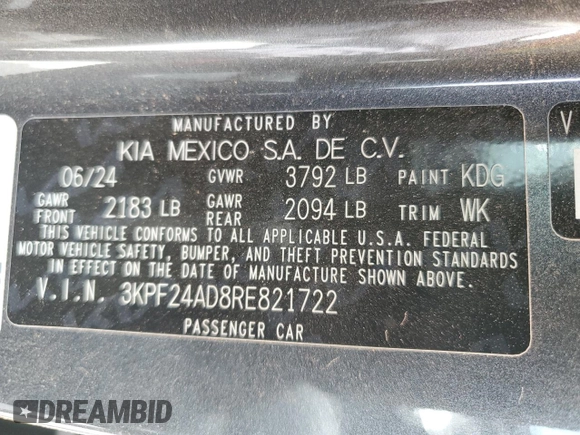 2024 Kia Forte LXS with VIN 3KPF24AD8RE821722, listed as a Copart auction lot 49058825 with 10,881 mi miles and Salvage Title. Bid and sale history available at DreamBid. Image 12.