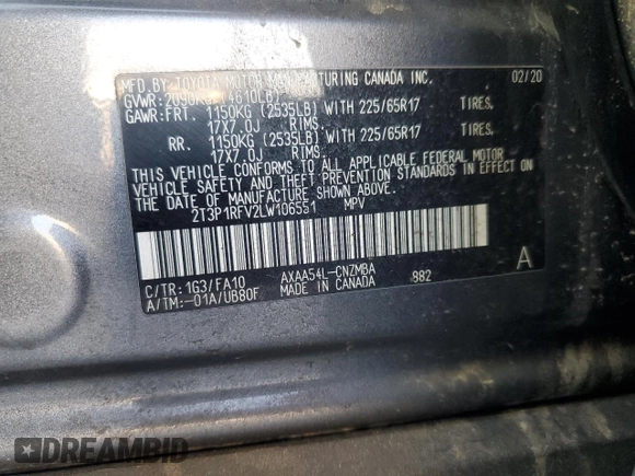 2020 Toyota RAV4 XLE with VIN 2T3P1RFV2LW106551, listed as a Copart auction lot 48983705 with 76,306 mi miles and Salvage Title. Bid and sale history available at DreamBid. Image 15.