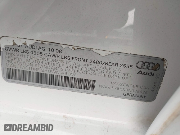 2009 Audi A4 Premium z VIN WAULF78KX9N035426, wystawiony jako IAAI lot #42219508 z przebiegiem 140 881 mil mil oraz . Historia ofert i sprzedaży dostępna na DreamBid. Obrazek 9.