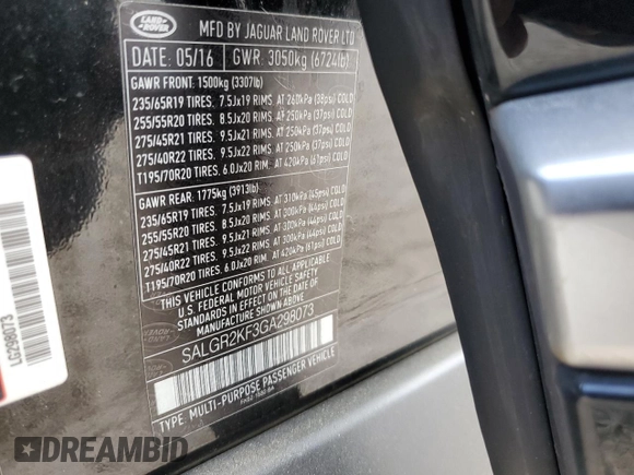 2016 Land Rover Range Rover with VIN SALGR2KF3GA298073, listed as a Copart auction lot 67290834 with 93,199 mi miles and Salvage Title. Bid and sale history available at DreamBid. Image 13.