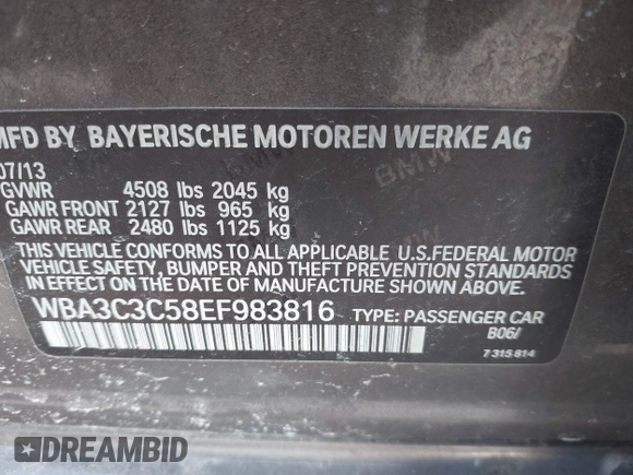 2014 BMW 3 Series 320i xDrive with VIN WBA3C3C58EF983816, listed as a IAAI auction lot 41949430 with 111,627 mi miles. Bid and sale history available at carsss.com. Image 9.