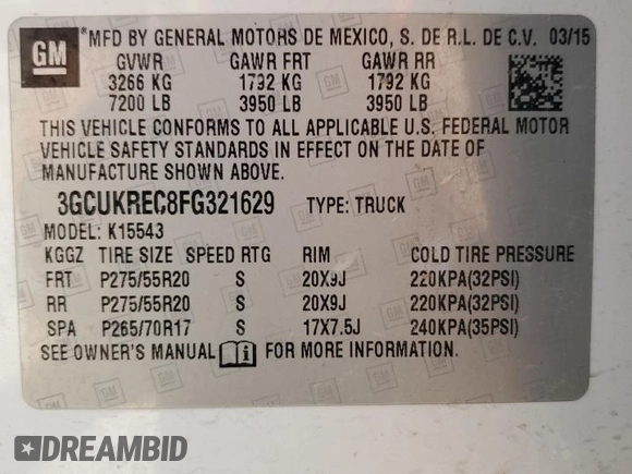 2015 Chevrolet Silverado 1500 LT with VIN 3GCUKREC8FG321629, listed as a Copart auction lot 54974495 with 194,766 mi miles and Salvage Title. Bid and sale history available at DreamBid. Image 12.