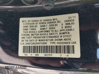 2017 Honda Civic Si with VIN 2HGFC3A53HH753043, listed as a IAAI auction lot 41984337 with 77,043 mi miles and . Bid and sale history available at DreamBid. Image 9.