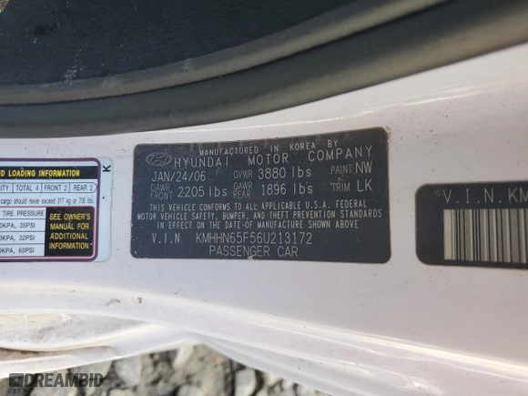 2006 Hyundai Tiburon GT with VIN KMHHN65F56U213172, listed as a Copart auction lot 75211144 with 199,754 mi miles and Salvage Title. Bid and sale history available at carsss.com. Image 12.