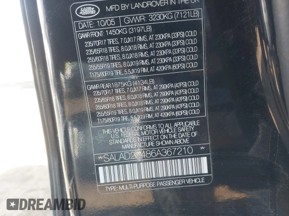 2006 Land Rover LR3 SE with VIN SALAD25486A367210, listed as a IAAI auction lot 42153416 with 209,027 mi miles and . Bid and sale history available at DreamBid. Image 9.
