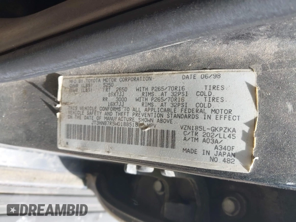 1998 Toyota 4Runner Limited with VIN JT3HN87R5W0188518, listed as a IAAI auction lot 42572049 with 175,274 mi miles and . Bid and sale history available at DreamBid. Image 9.