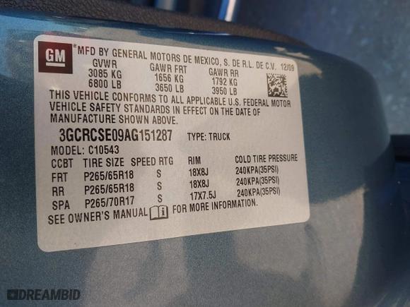 2010 Chevrolet Silverado 1500 LT with VIN 3GCRCSE09AG151287, listed as a IAAI auction lot 40532023 with 154,535 mi miles. Bid and sale history available at carsss.com. Image 9.