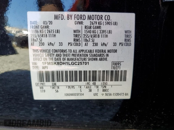 2020 Ford Explorer XLT with VIN 1FMSK8DH1LGC25701, listed as a Copart auction lot 49685105 with 88,379 mi miles and Salvage Title. Bid and sale history available at DreamBid. Image 13.