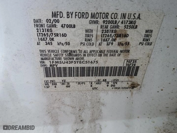 2000 Ford Excursion Limited with VIN 1FMSU43F5YEC51675, listed as a Copart auction lot 87761975 with 297,491 mi miles and Salvage Title. Bid and sale history available at carsss.com. Image 13.