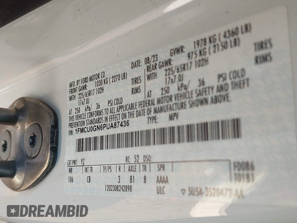 2023 Ford Escape Active with VIN 1FMCU0GN6PUA87436, listed as a IAAI auction lot 41587824 with 34,918 mi miles and . Bid and sale history available at DreamBid. Image 9.