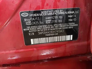 2013 Hyundai Sonata GLS with VIN 5NPEB4AC8DH741943, listed as a Copart auction lot 49227835 with 143,788 mi miles and Salvage Title. Bid and sale history available at carsss.com. Image 12.
