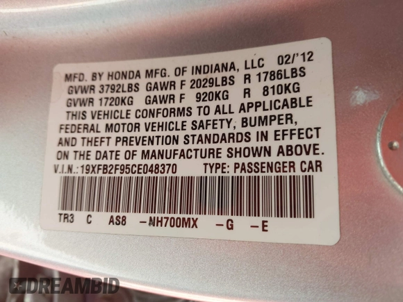 2012 Honda Civic EX-L with VIN 19XFB2F95CE048370, listed as a IAAI auction lot 42209529 with 112,700 mi miles and . Bid and sale history available at DreamBid. Image 9.