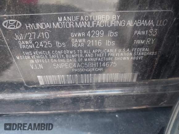 2011 Hyundai Sonata Limited with VIN 5NPEC4AC5BH114675, listed as a IAAI auction lot 42126667 with 151,606 mi miles and . Bid and sale history available at DreamBid. Image 9.