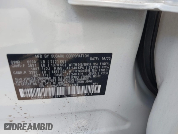 2021 Subaru Ascent Premium z VIN 4S4WMAFDXM3421268, wystawiony jako IAAI lot #42423103 z przebiegiem 64 087 mil mil oraz . Historia ofert i sprzedaży dostępna na DreamBid. Obrazek 9.
