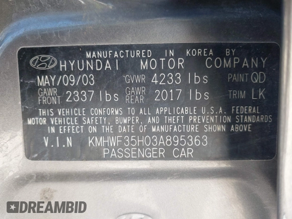 2003 Hyundai Sonata GLS with VIN KMHWF35H03A895363, listed as a IAAI auction lot 42149203 with 152,173 mi miles. Bid and sale history available at carsss.com. Image 9.