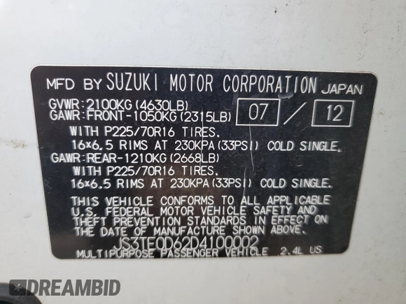 2013 Suzuki Grand Vitara Premium с VIN JS3TE0D62D4100002, выставлен на аукционе Copart как лот 51343635 с пробегом 157 080 миль миль и Чистый • Clean title. История ставок и продаж доступна на DreamBid. Изображение 13.