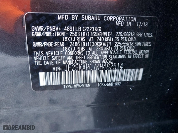 2019 Subaru Forester Sport with VIN JF2SKAPC7KH482514, listed as a Copart auction lot 87943805 with 109,586 mi miles and Non Repairable. Bid and sale history available at carsss.com. Image 14.