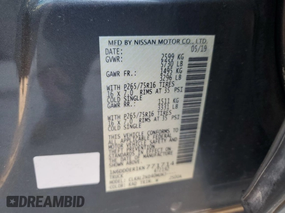 2019 Nissan Frontier Desert Runner with VIN 1N6DD0ER1KN771714, listed as a Copart auction lot 47657505 with 92,174 mi miles and Salvage title. Bid and sale history available at DreamBid. Image 14.