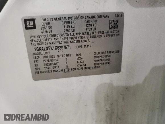 2016 GMC Terrain SLE with VIN 2GKALNEK1G6307671, listed as a Copart auction lot 86818894 with 111,562 mi miles and Salvage Title. Bid and sale history available at carsss.com. Image 15.
